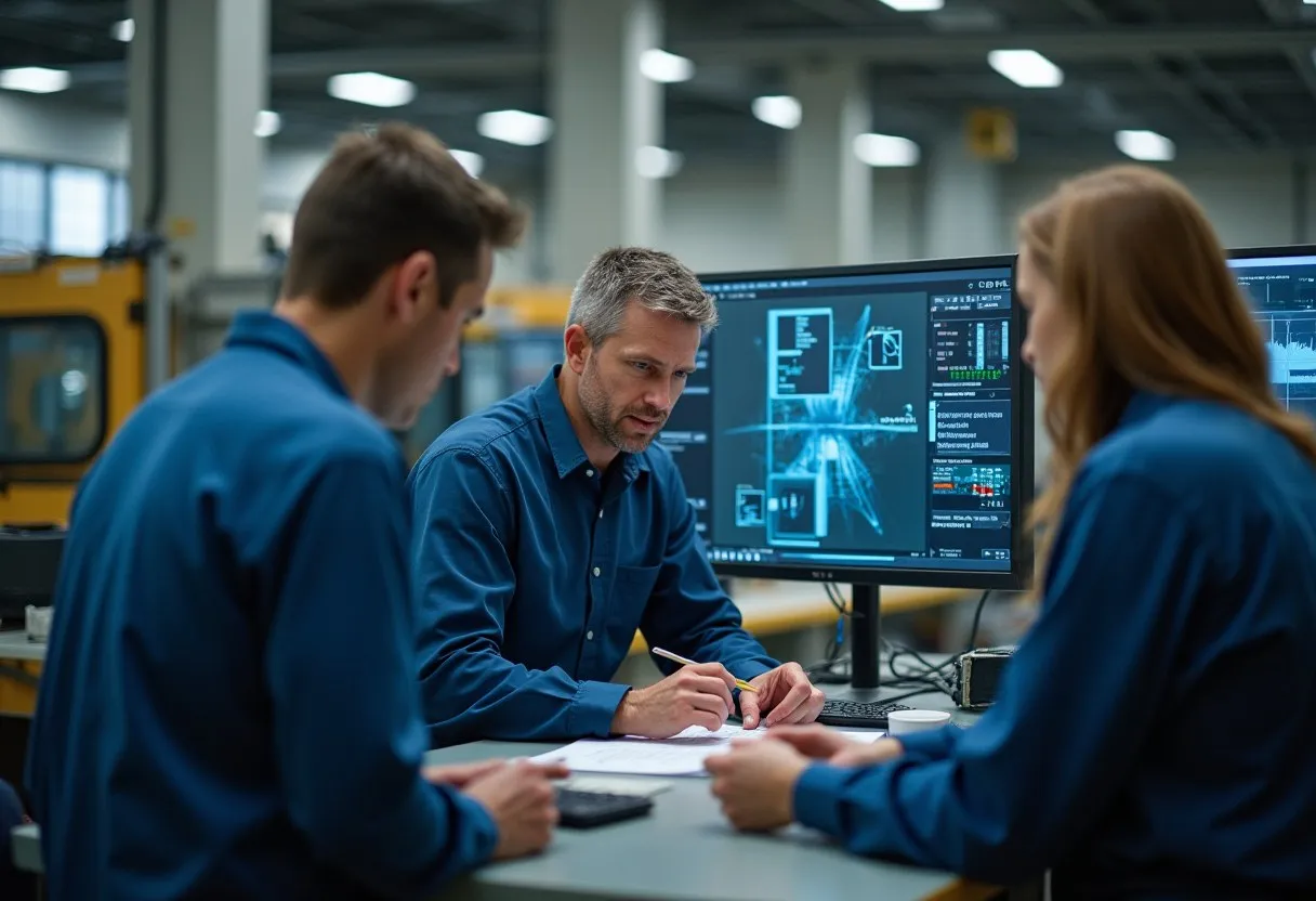 A trainer demonstrating a procedure at a workstation to a group of trainees