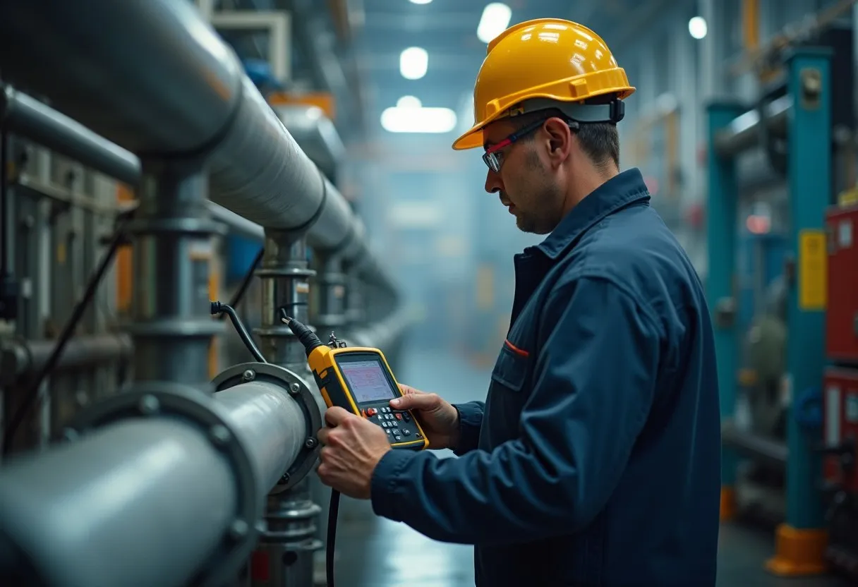A technician surveying compressed air lines for leaks with a handheld ultrasonic detector
