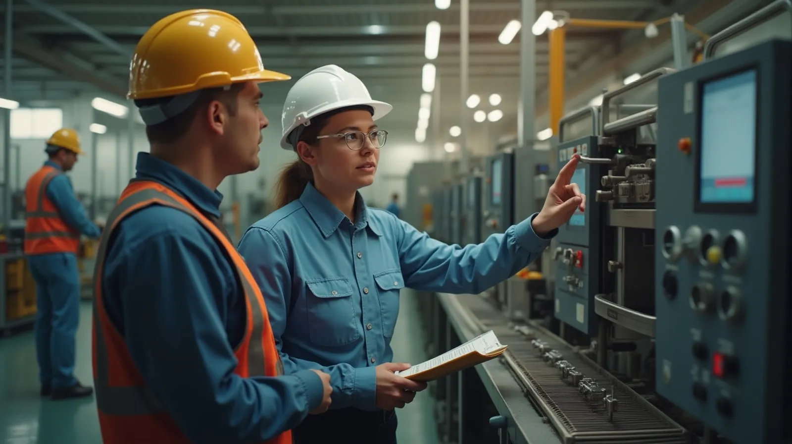 A manufacturing supervisor and operator observing a workstation together