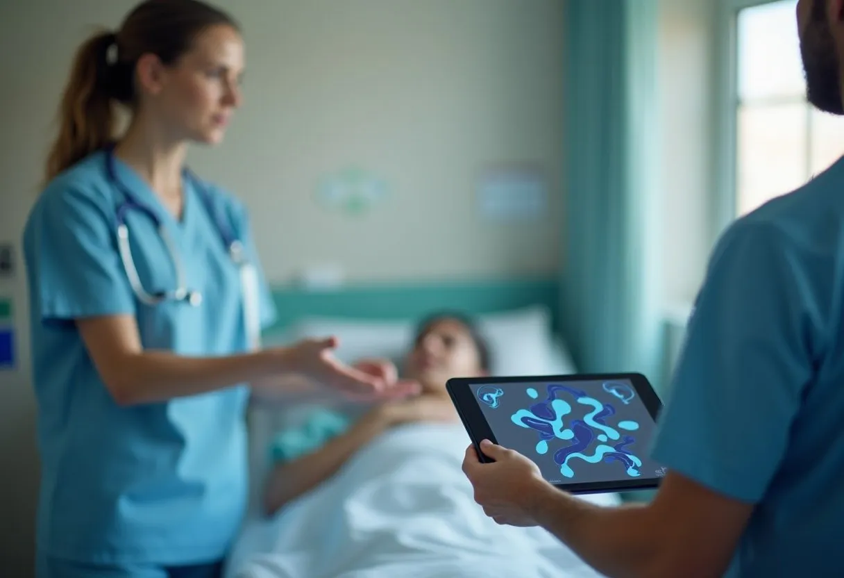 Two nurses conducting a structured shift handoff at a patient's bedside