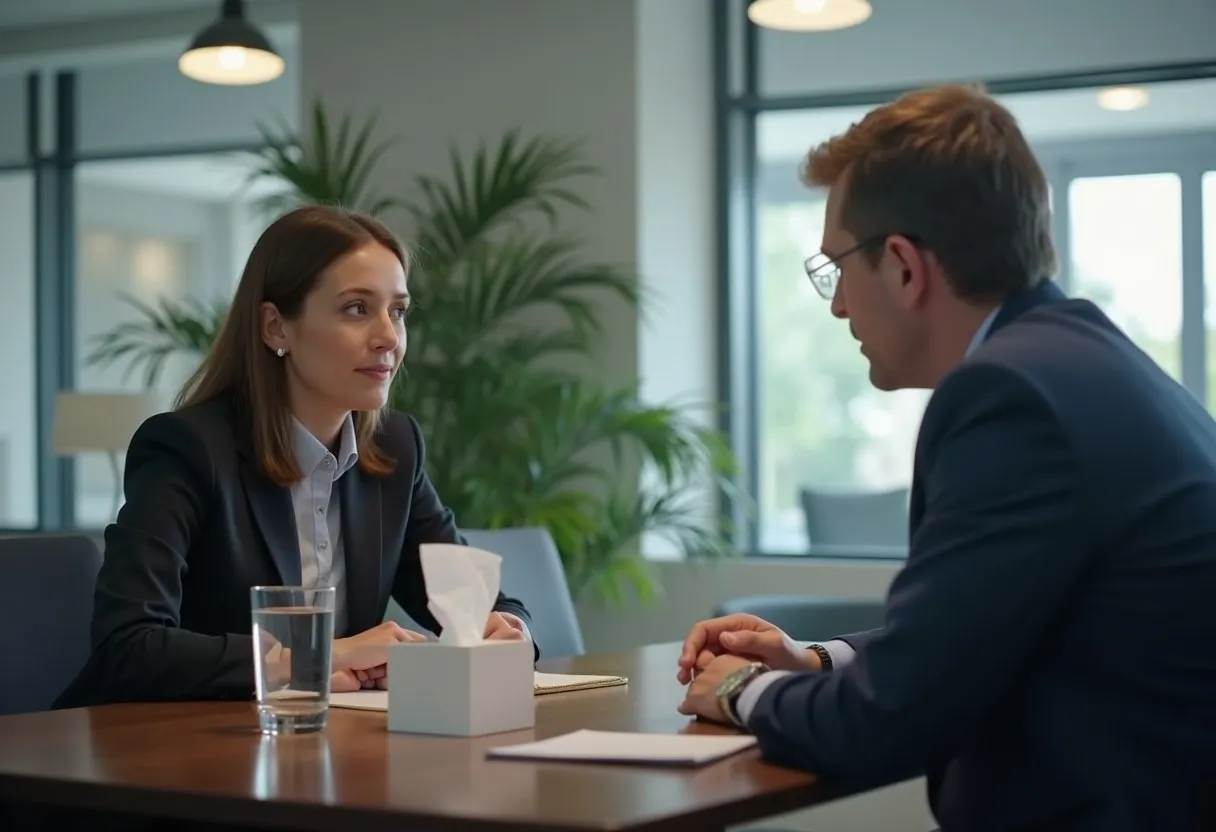 A manager and a departing employee in an exit conversation across a small table