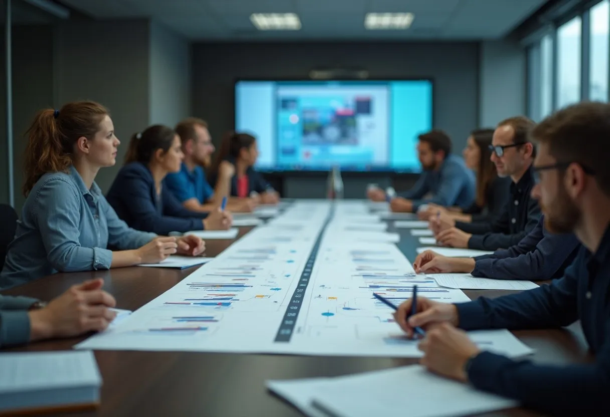 Engineers reviewing an incident timeline in a blameless postmortem meeting