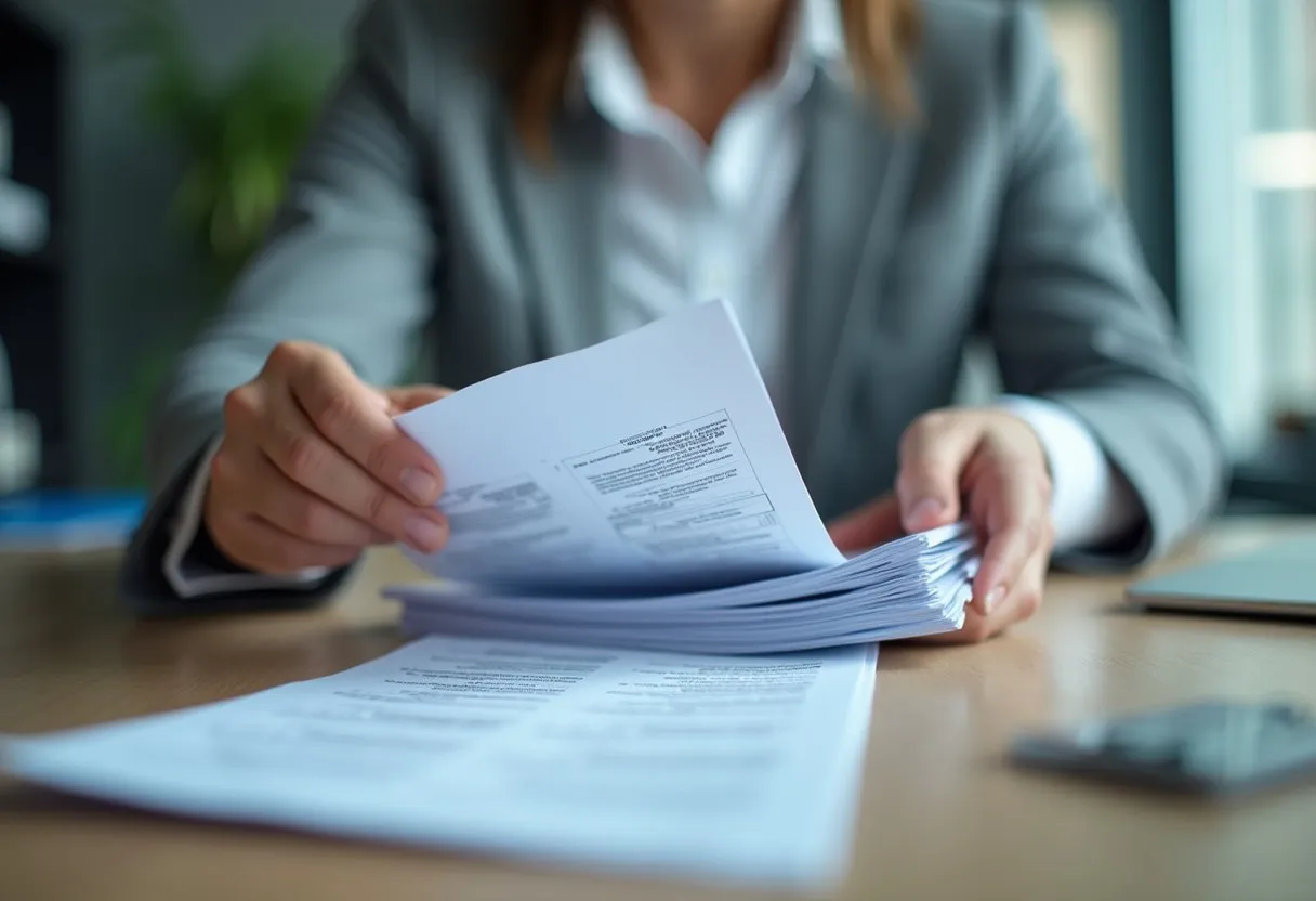 An internal control tester pulling sampled documents from a stack and checking them against a checklist