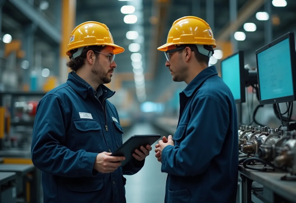 A plant manager and an operator at a workstation discussing a fixture during an audit