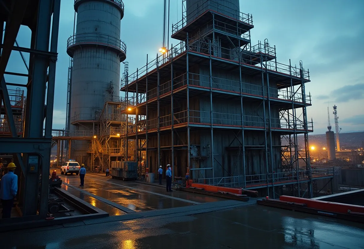 Workers in hard hats on scaffolding around a large vessel during a planned plant outage
