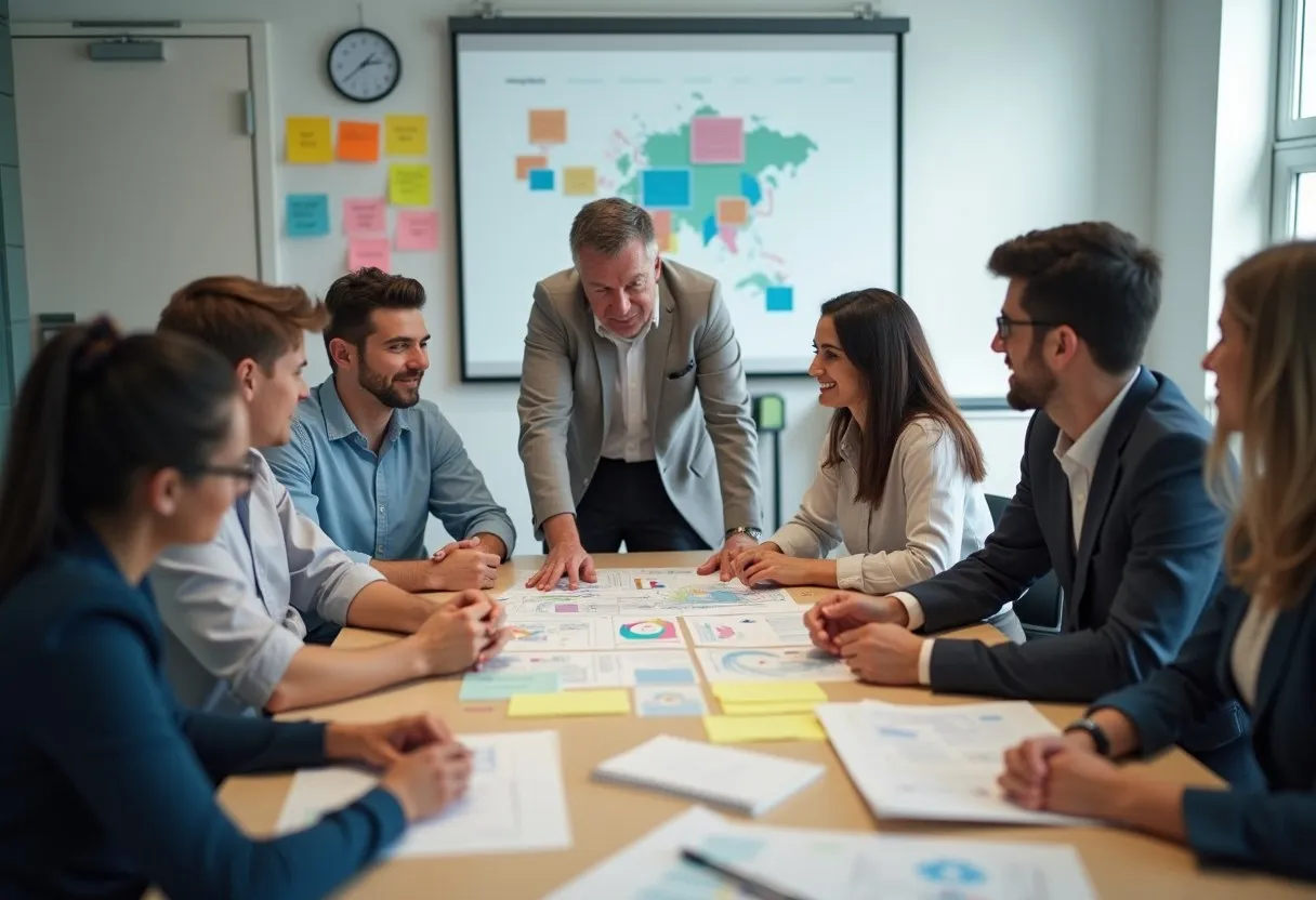 A project team and sponsor around a table reviewing a one-page project charter at a kickoff meeting