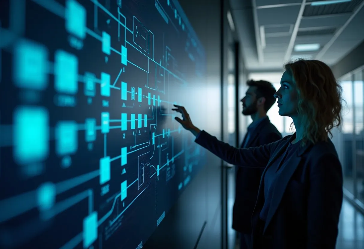 Two engineers reviewing a delivery pipeline on a wall monitor