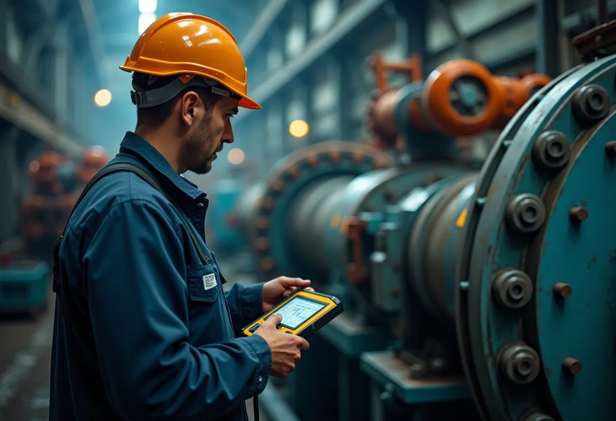 A technician measuring vibration on a large industrial pump with a handheld sensor