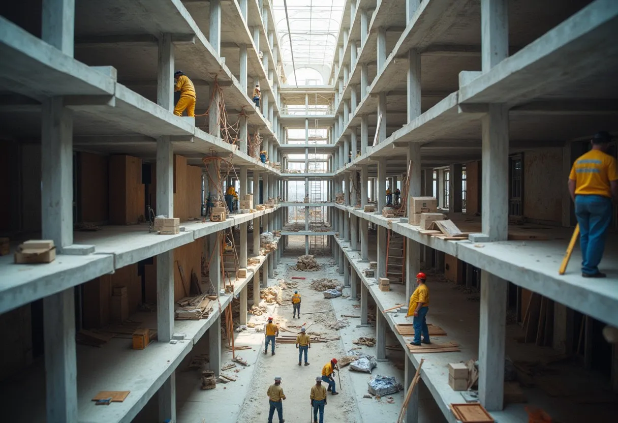 Different trades working in separate zones of a building under construction