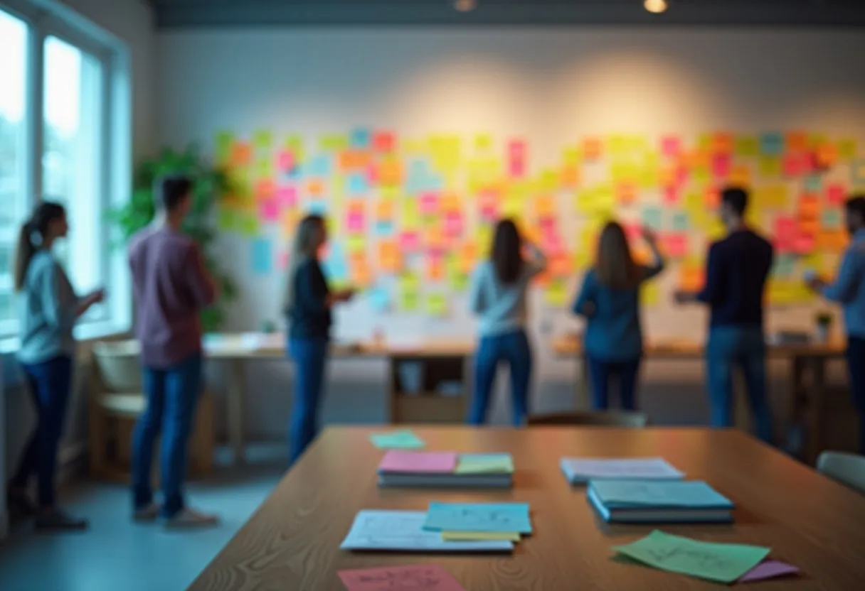 A team sorting sticky notes into groups on a wall during a voice of the customer workshop