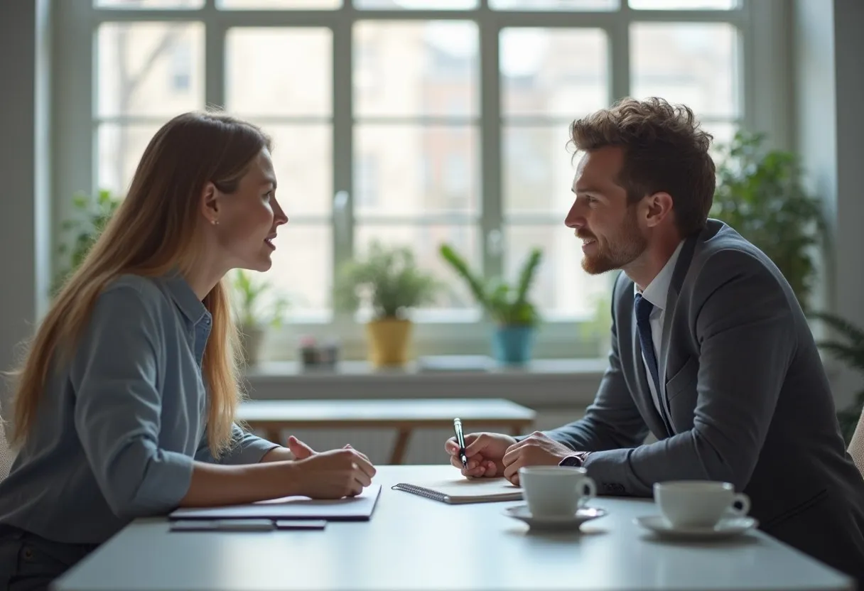 A researcher interviewing a customer at a table with a notebook to understand needs