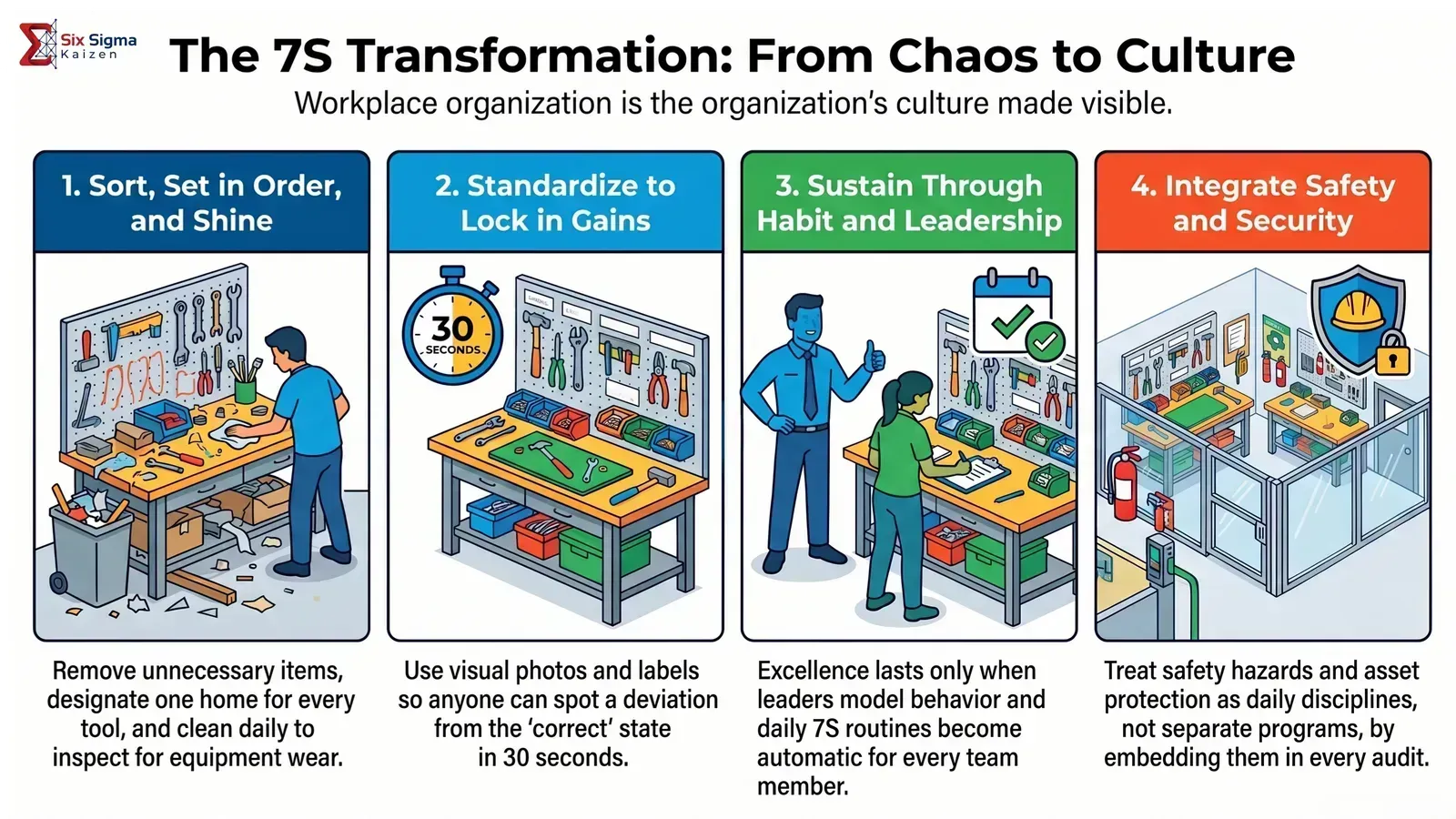 7S transformation visual showing the progression from workplace chaos to a visible culture of control